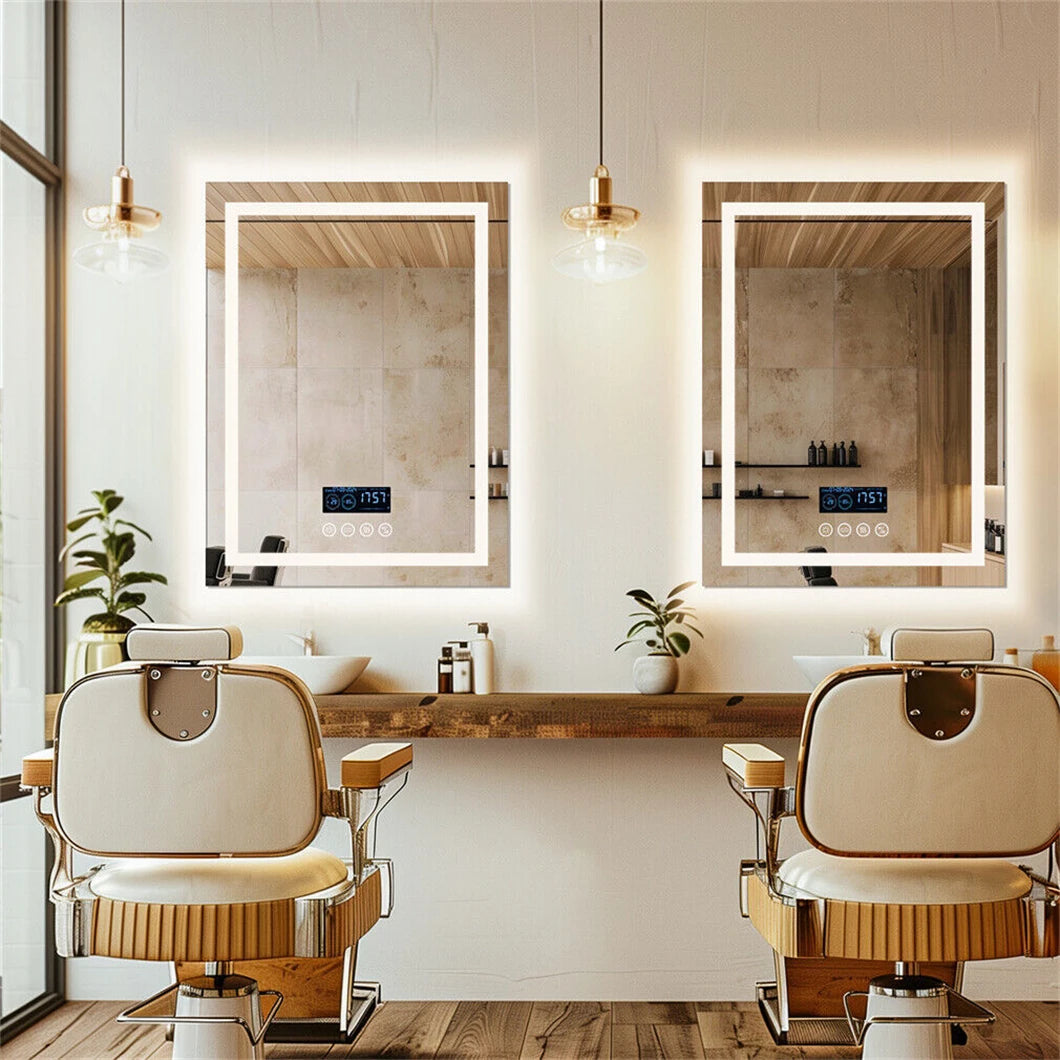 Smart LED Bathroom Mirror Rectangle Wall Mount Mirror w Bluetooth Speaker,Time,Temperature