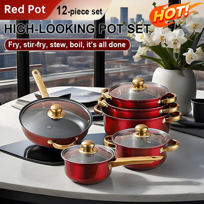 Red 12-Piece, Stainless Steel, Non-Stick, Kitchen Cookware