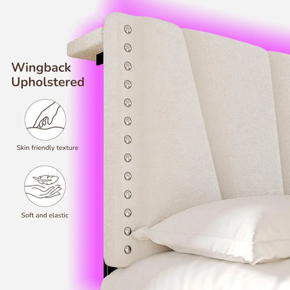 Bed Frame and Storage Velvet Headboard LED Lights and Charging Station