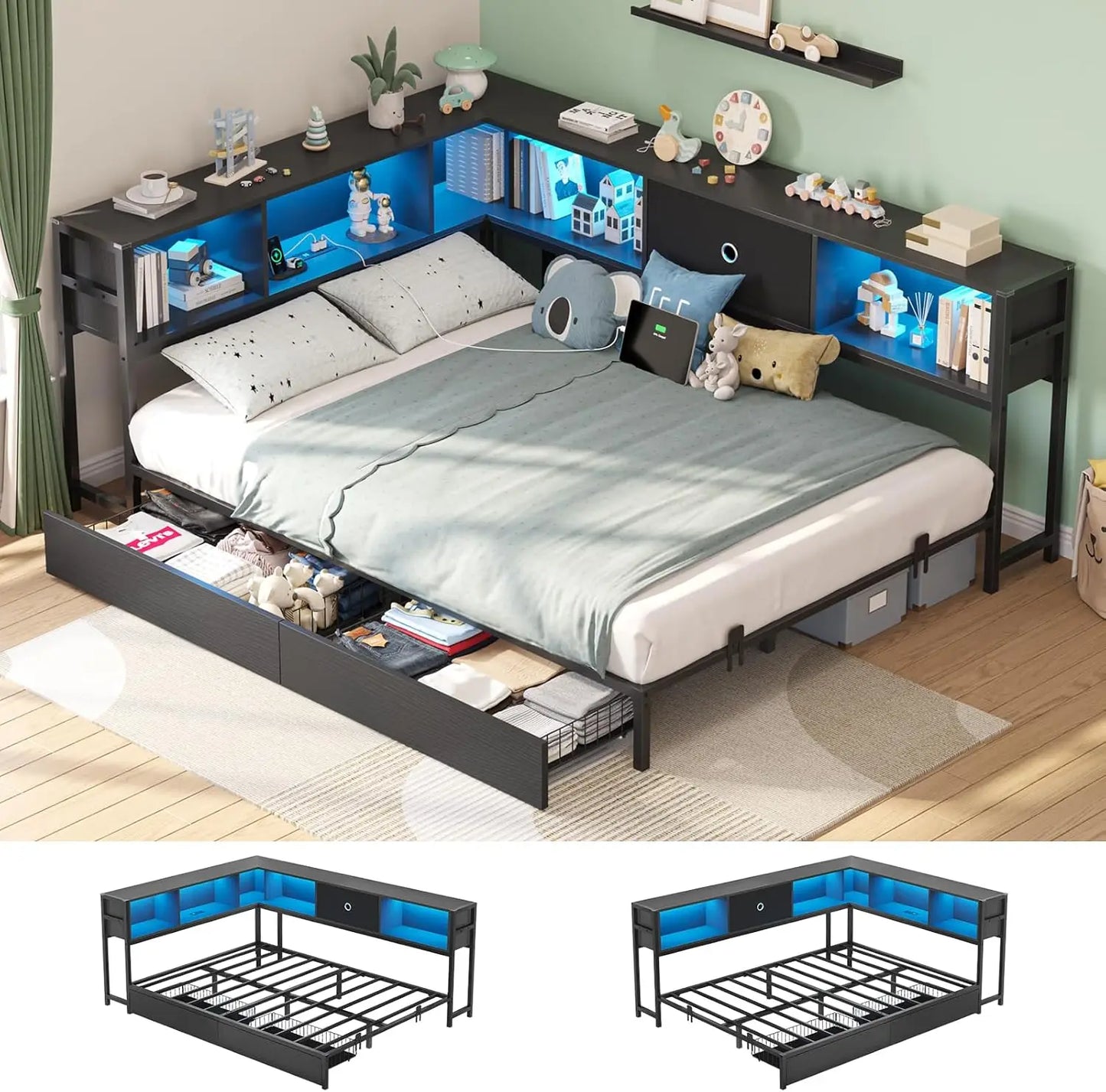 Full Corner Bed Frame w/ Storage Drawers, LED Lights, Charging Station