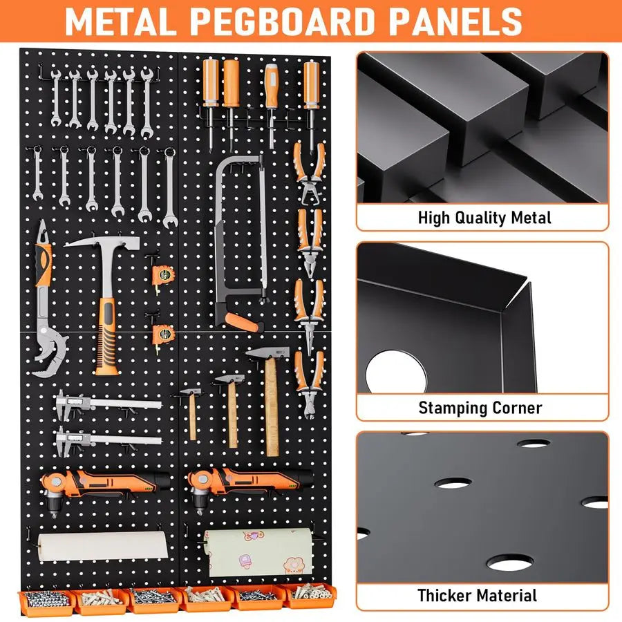 Metal 4PCS Pegboard Panels and 156PCS Black Pegboard Wall Organize