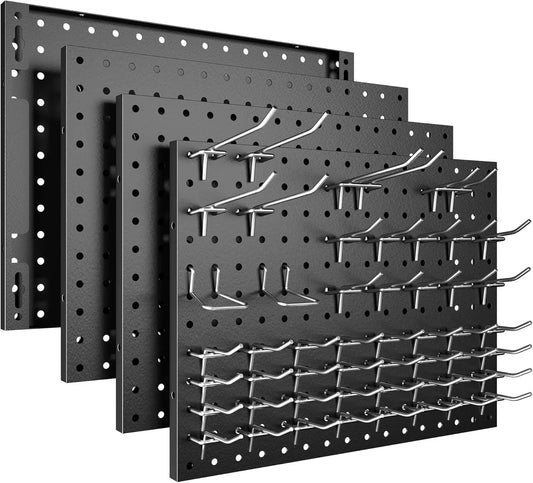 4-Pack Black Metal Pegboard Panels w/50 Hooks, Heavy Duty Wall Organizer