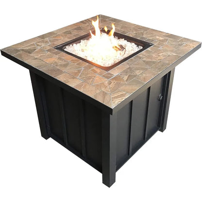 Outdoor Patio 40,000 BTU 30x30 Inch Square Tile Table Top Propane Fire Pit and Fire Glass