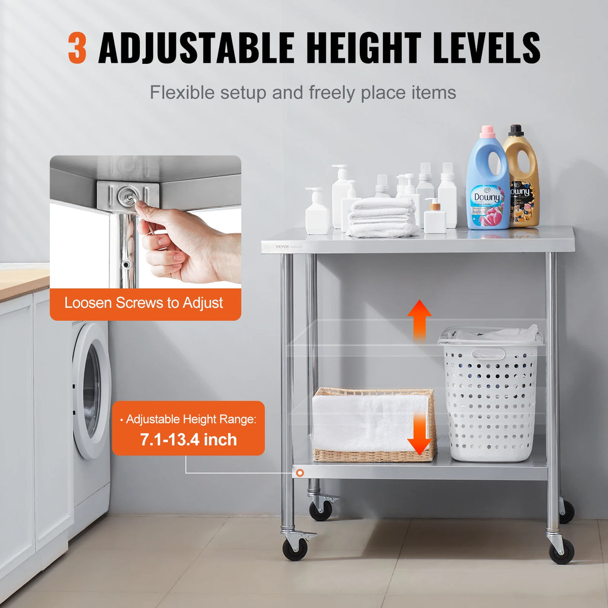 Stainless Steel Work Prep Table w/4 Wheels 3 Adjustable Height