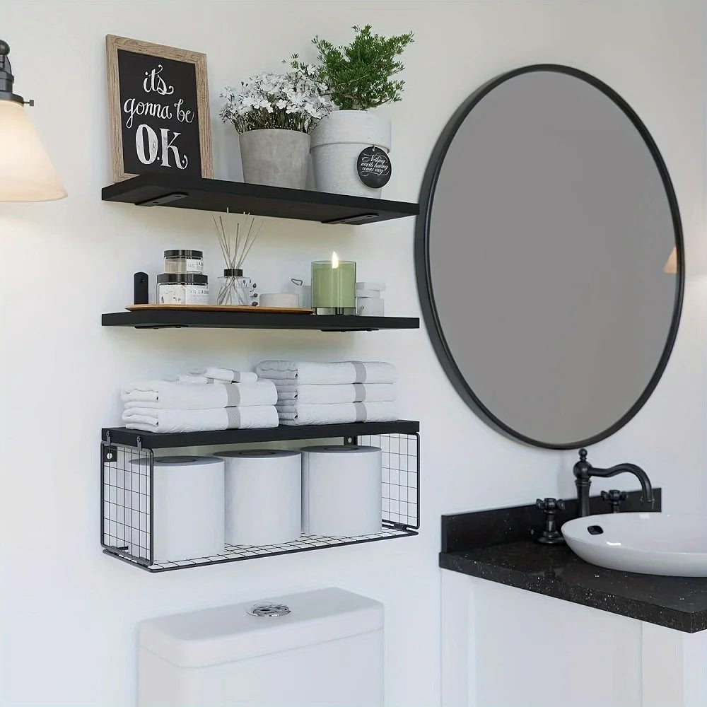 Wall Mounted Floating Shelves 3 Wood Farmhouse, Bathroom, Bedroom