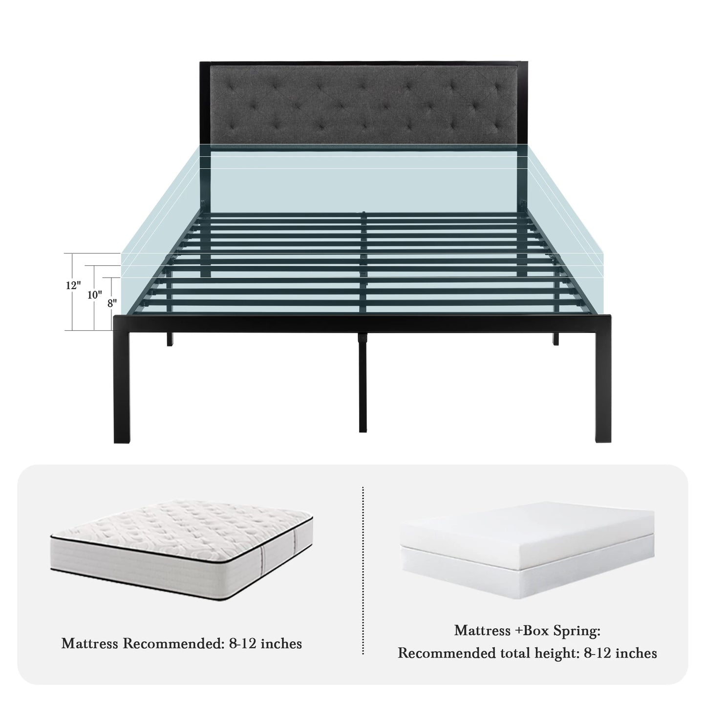 Metal Bed Frame with Upholstered Finely Stitched Headboard, No Box Spring Needed