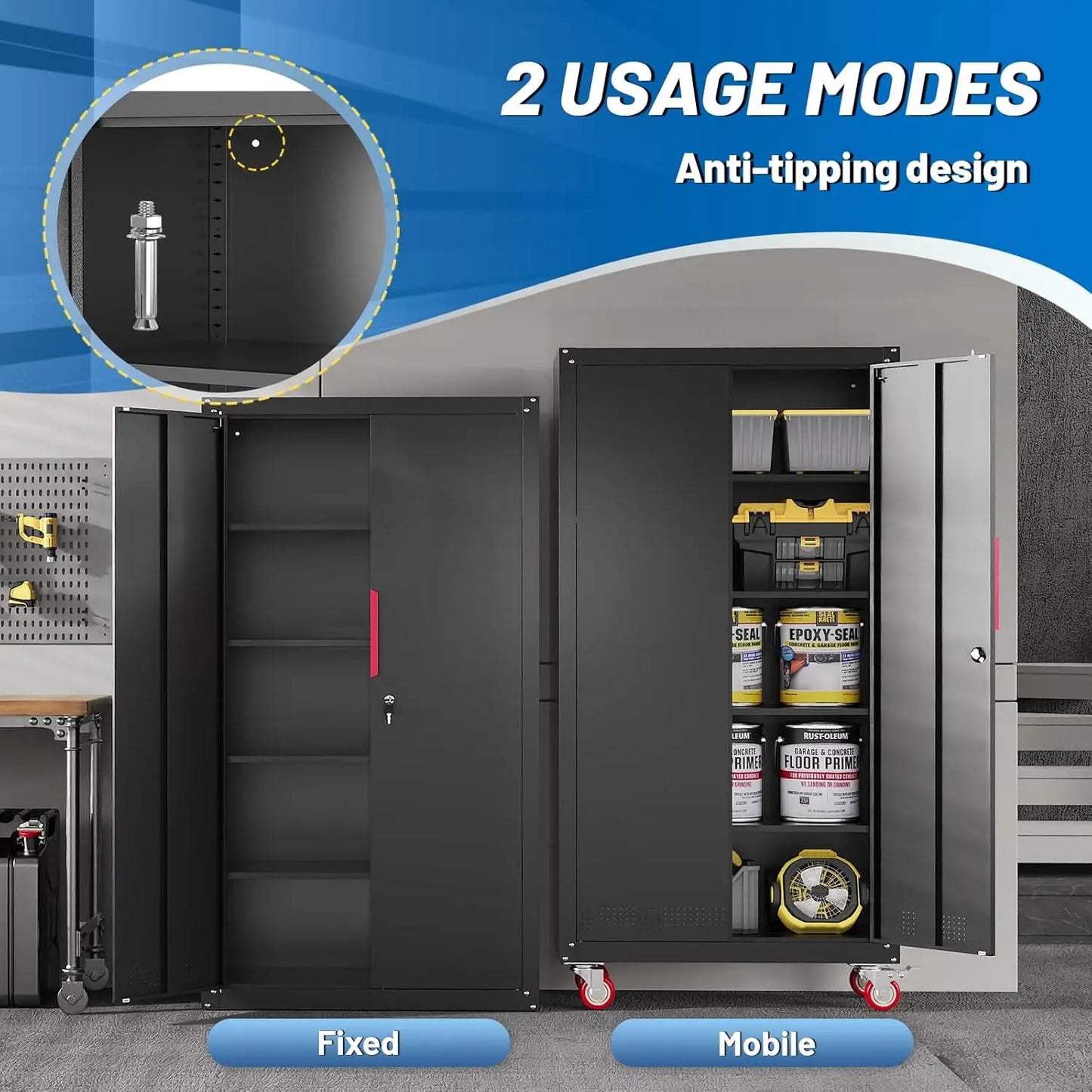 71" Black Locking Metal Storage Cabinet with Wheels, Adjustable Shelves