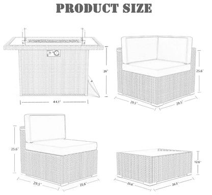 8 Pieces Patio Furniture Set with 44" Propane Gas Fire Pit Table,