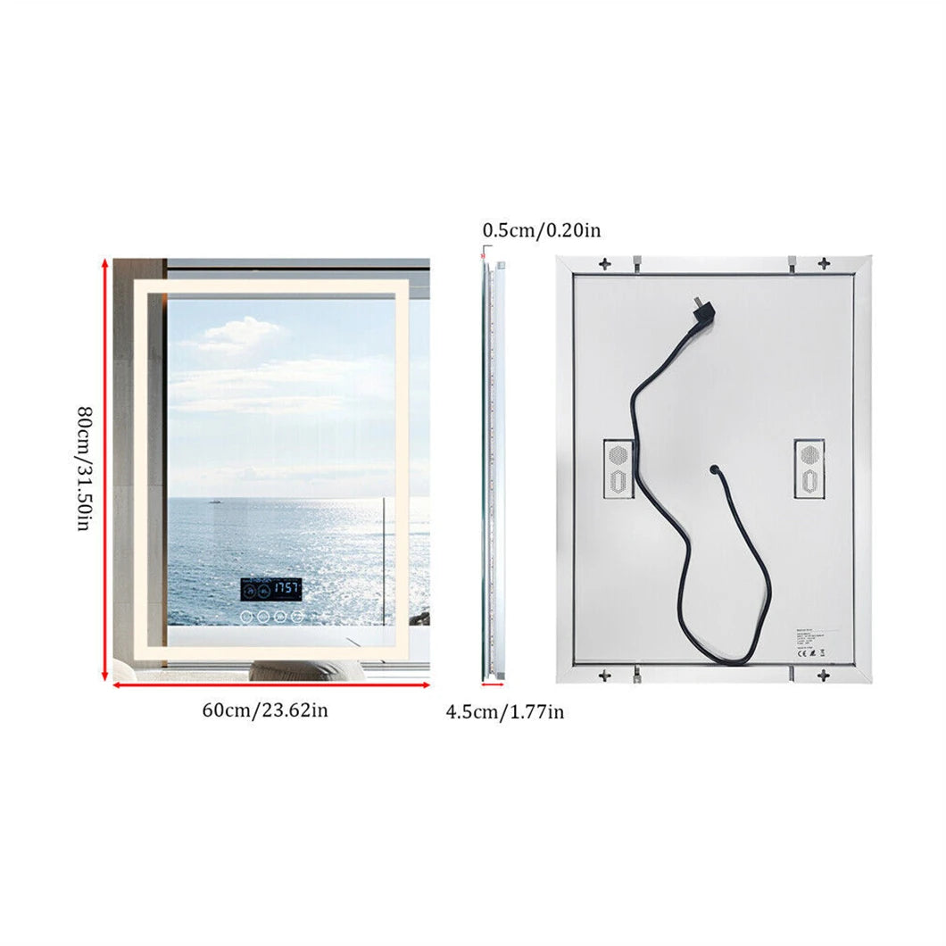 Smart LED Bathroom Mirror Rectangle Wall Mount Mirror w Bluetooth Speaker,Time,Temperature