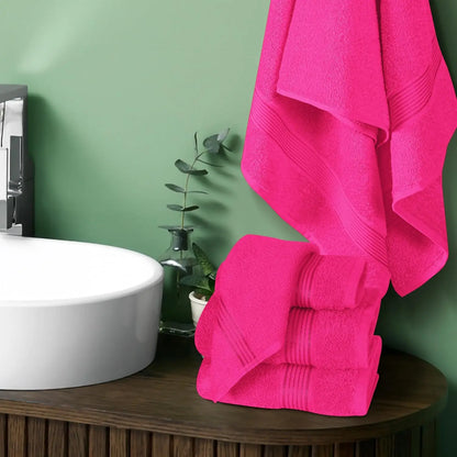 Ultra Soft 6 Pack Cotton Towel Set: 2 Bath, 2 Hand, 2 Wash Cloths - Hot Pink, Compact & Lightweight