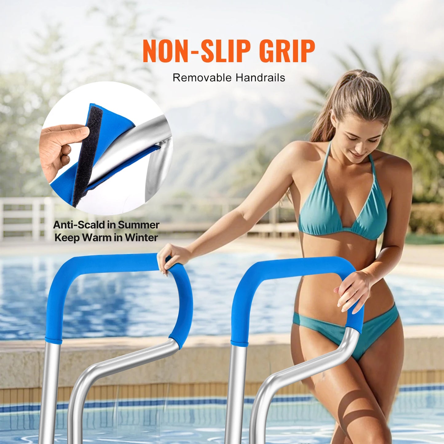 Pool Handrail w/ Grip Cover- Stainless Steel w/ Base Plate- Indoor/Outdoor