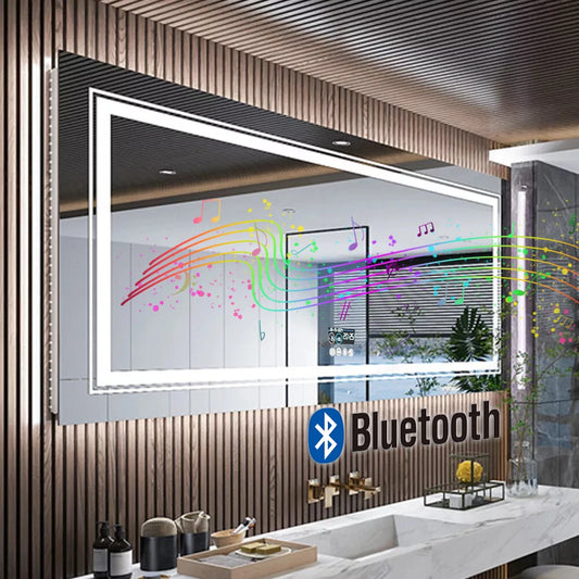 LED Bathroom Mirror with Lights, Dimmable, Smart Bluetooth Digital Display 3 Colors Memory