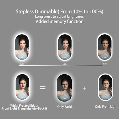 Dimmable 3 Colors Light Smart Anti Fog Oval LED Bathroom Mirror Plug/Hardwire Install