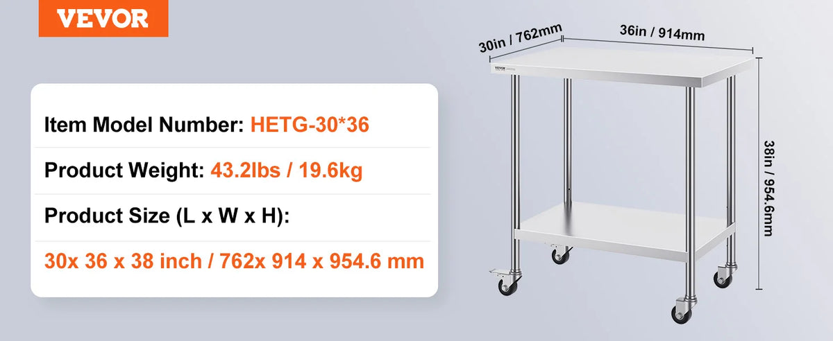 Stainless Steel Work Prep Table w/4 Wheels 3 Adjustable Height