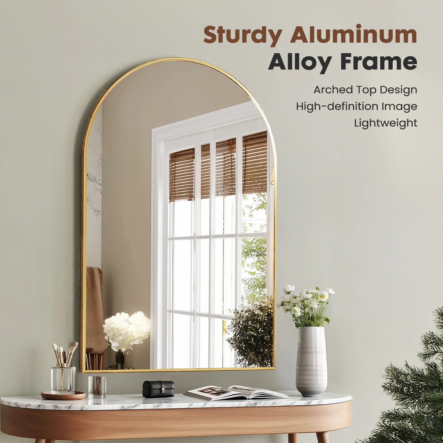 JHK 26"x38" Arched Metal Framed Wall  Hanging Mirror Glass Mirror
