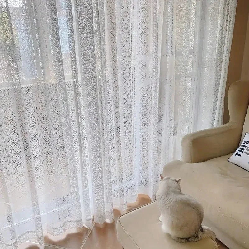 2pcs white lace embroidered mesh knitted sheer curtains.