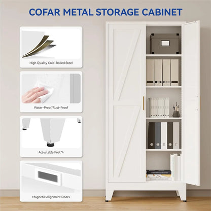 71 in Metal Storage Cabinet, 4 Adjustable Shelves and Barn Doors