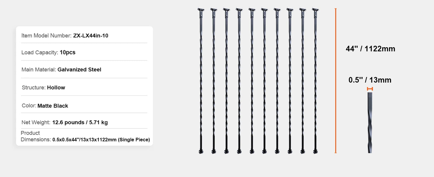 Staircase Metal Balusters- Galvanized Banister Spindles w/ Hollow Baskets Spiral
