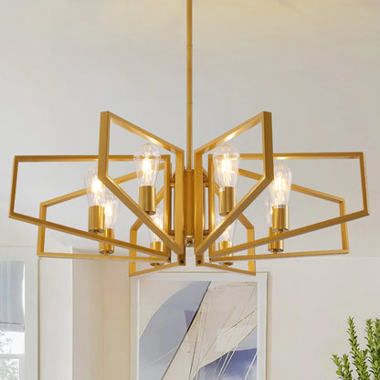 8-Light Geometric Chandelier Adjustable Height, Black Frame & Golden Accents