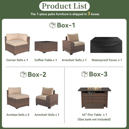 7 Piece Patio Furniture Set with Wide Armrests & 44” Fire Pit Table