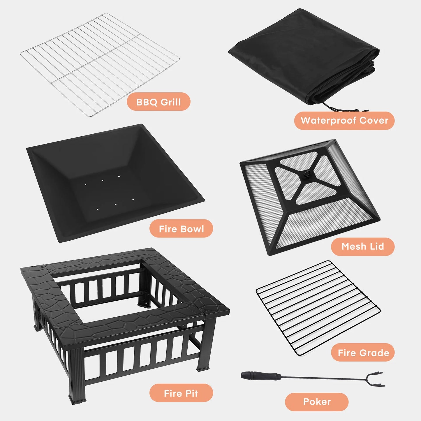 Steel Fire Pits for Outside, 32'' Square Wood Burning