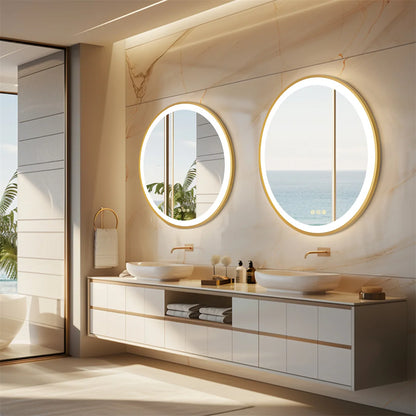 24 Inch Gold Frame Round Bathroom Mirror with 3 Color Dimmable Lights