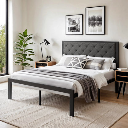 Metal Bed Frame with Upholstered Finely Stitched Headboard, No Box Spring Needed