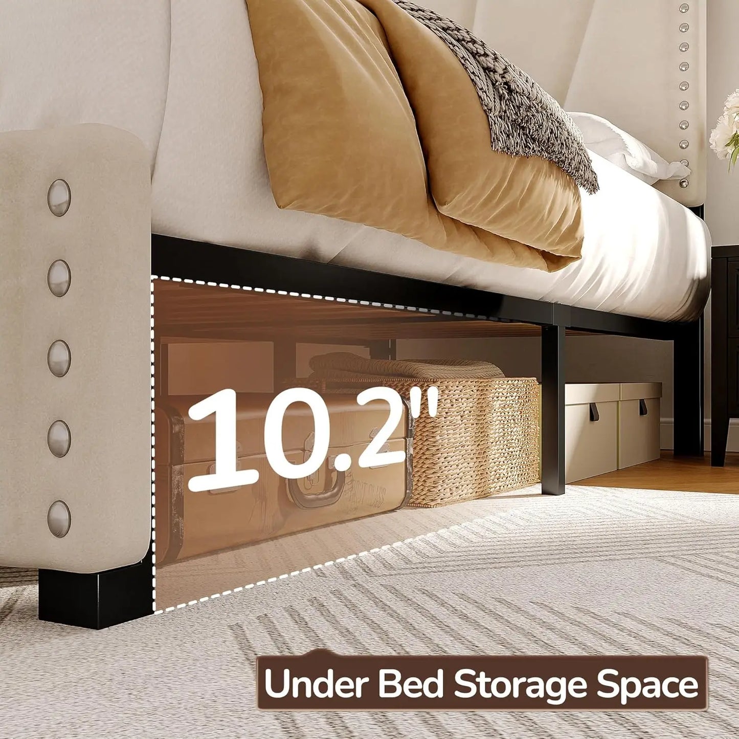 Bed Frame and Storage Velvet Headboard LED Lights and Charging Station