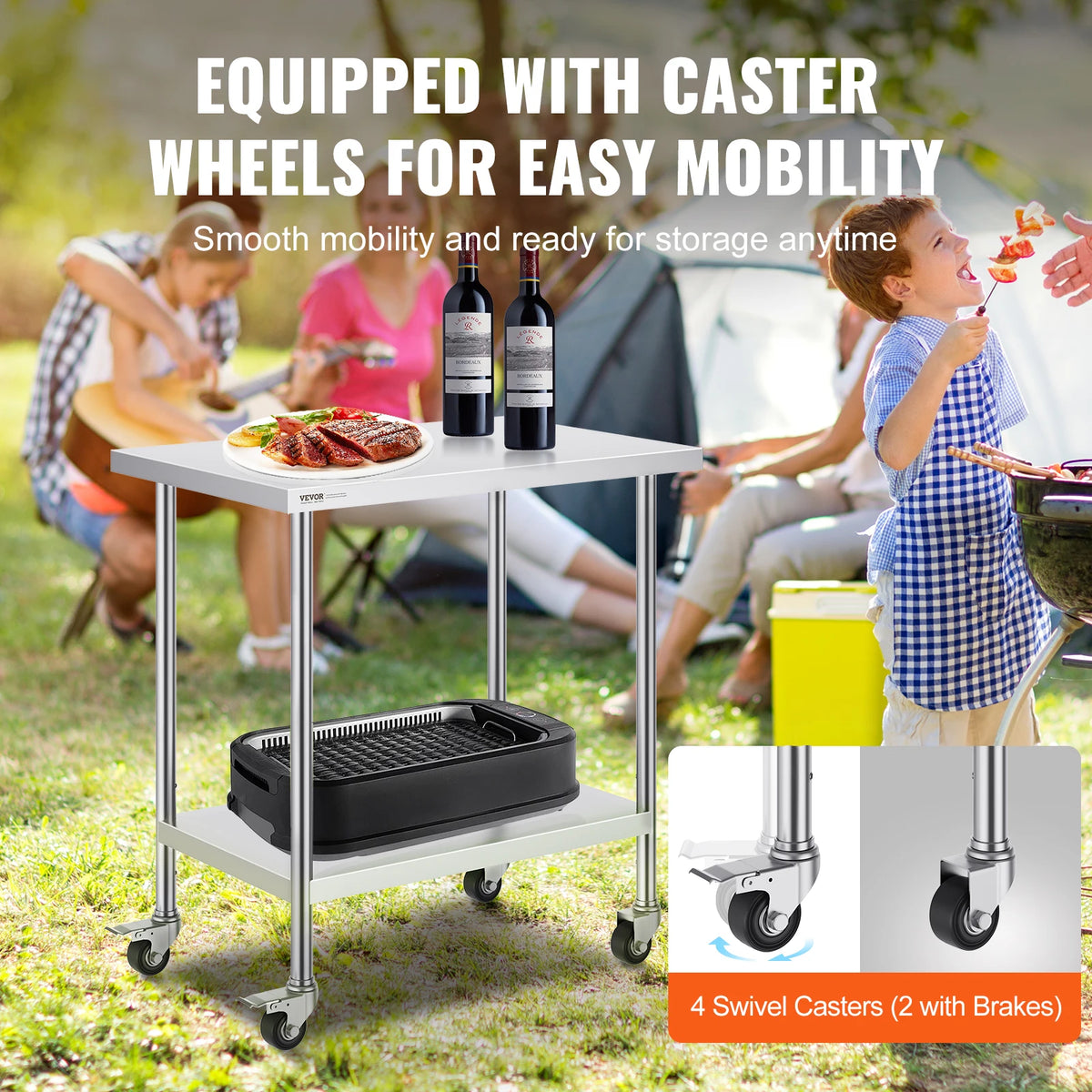 Stainless Steel Work Prep Table w/4 Wheels 3 Adjustable Height