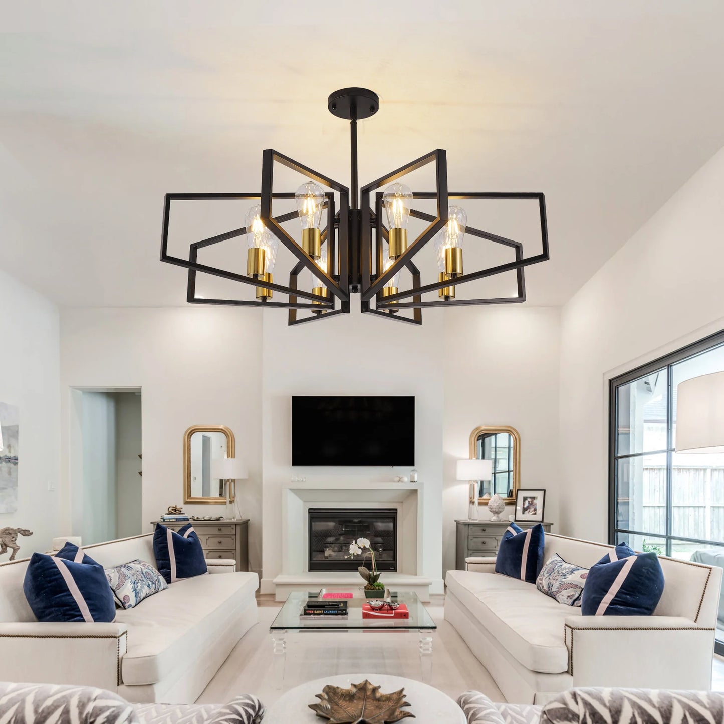 8-Light Geometric Chandelier Adjustable Height, Black Frame & Golden Accents