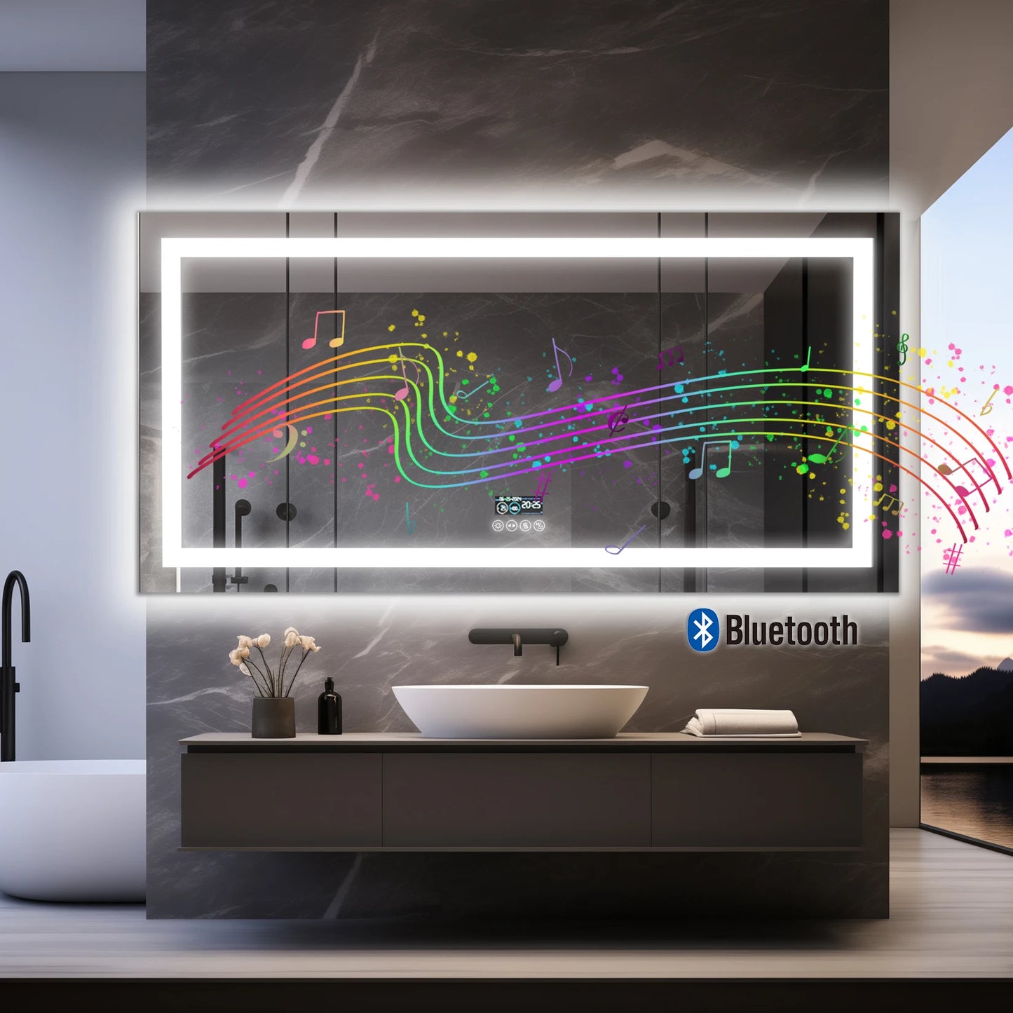 LED Bathroom Mirror with Lights, Dimmable, Smart Bluetooth Digital Display 3 Colors Memory