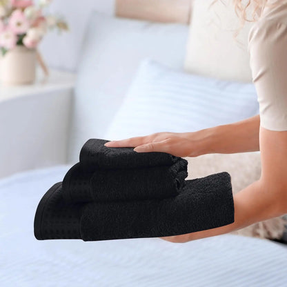 Ultra Soft 3-Pack Cotton Towel Set, Compact & Lightweight for Everyday Use - Black