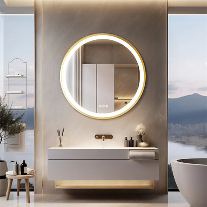 24 Inch Gold Frame Round Bathroom Mirror with 3 Color Dimmable Lights