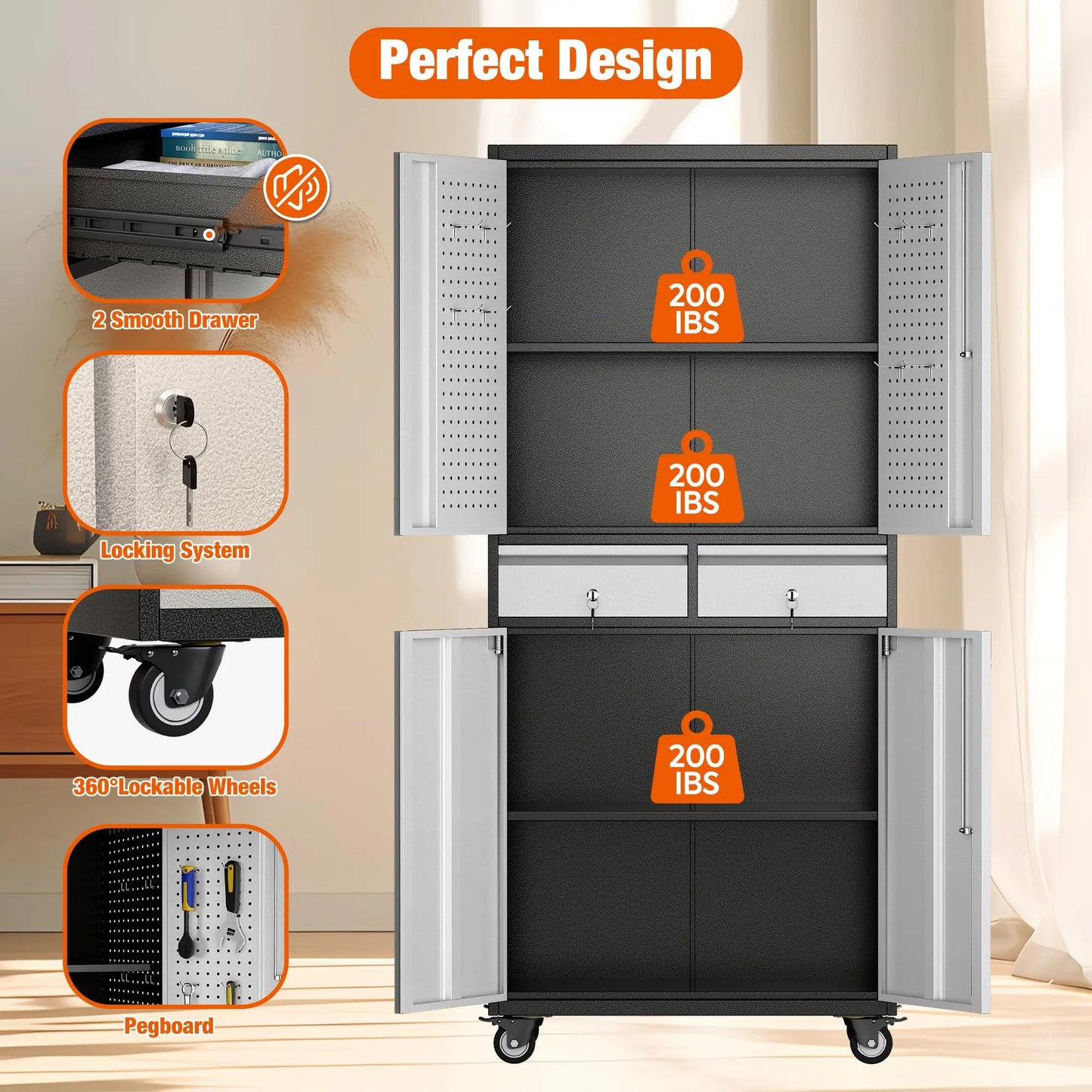 Metal Garage Storage Cabinet with Locking and Adjustable Shelves and  Wheels
