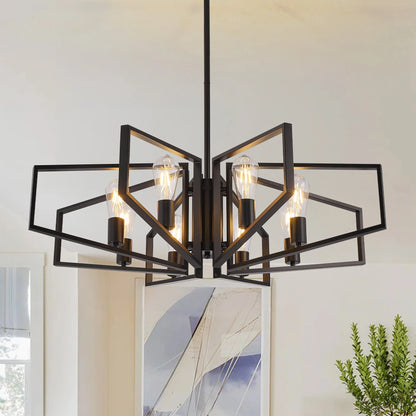 8-Light Geometric Chandelier Adjustable Height, Black Frame & Golden Accents
