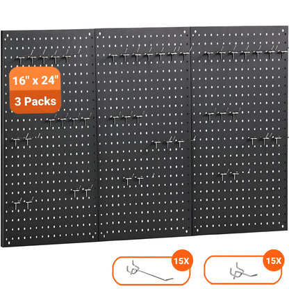 3pcs 24"×16" Metal Pegboard Black w/30 Hooks