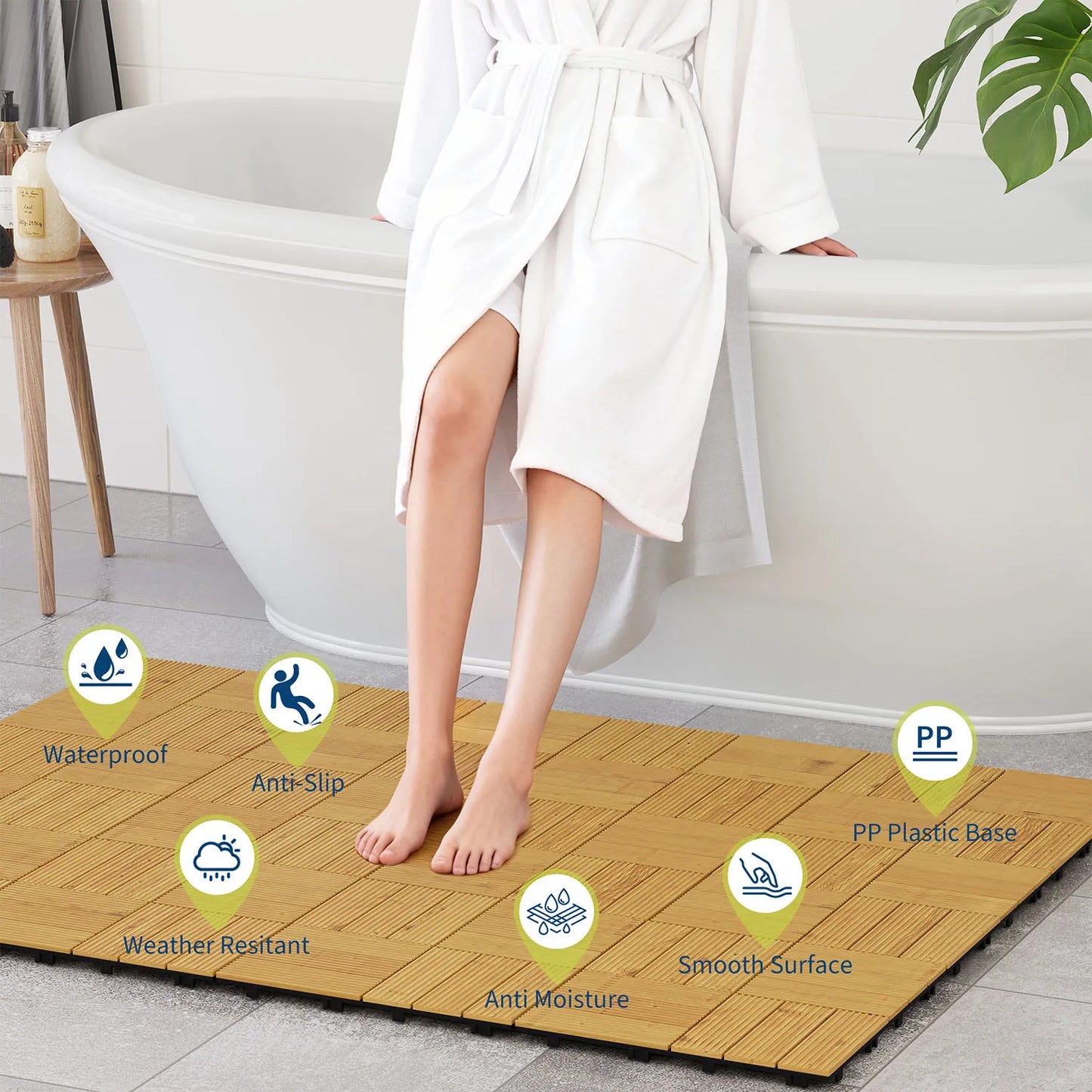 Acacia Wood Connected Deck Tiles for Patio & Outdoor 12"x12" Weatherproof Non-Slip