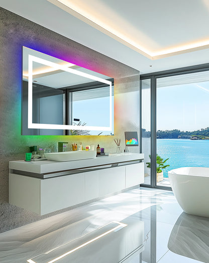 LED Lighted Bathroom Mirror with Bluetooth Speaker Smart LED Vanity Makeup Wall Mounted Mirrors 3 Lights Setting Anti-Fog RBG