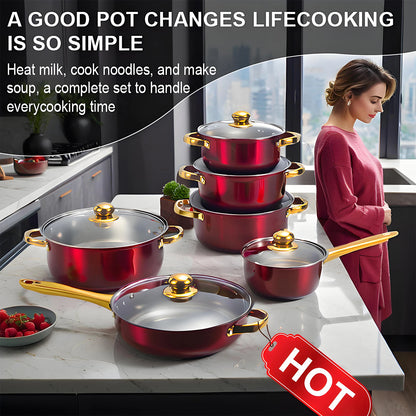 Red 12-Piece, Stainless Steel, Non-Stick, Kitchen Cookware