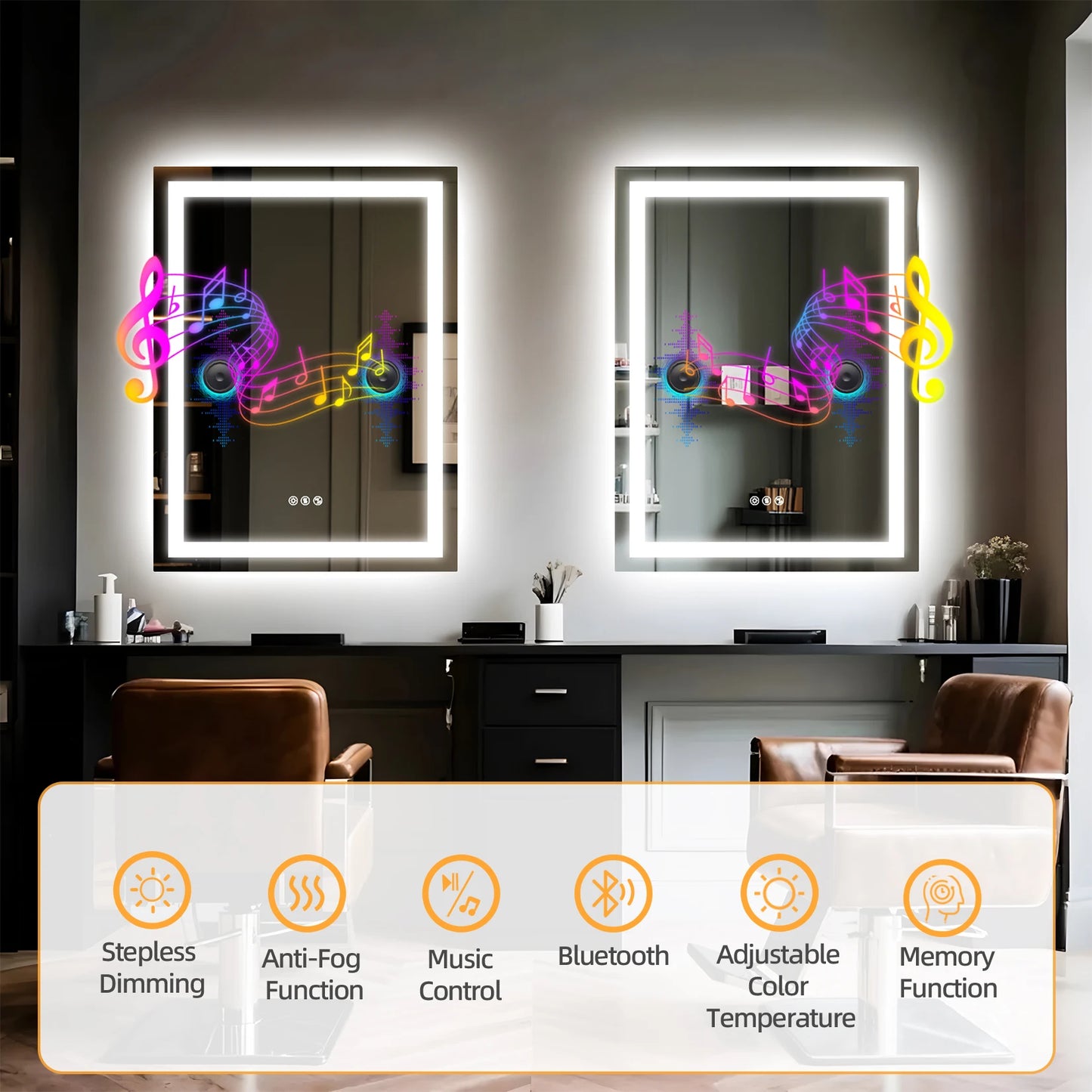 LED Bathroom Mirror Tempered Glass Mirror with Bluetooth, 3 Colors Dimmable