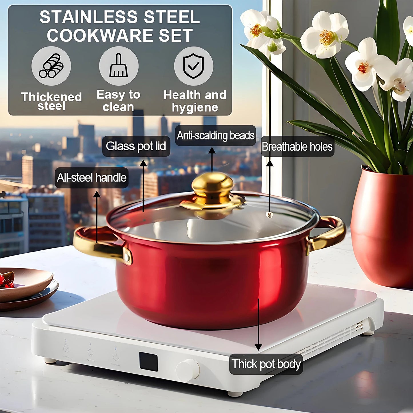Red 12-Piece, Stainless Steel, Non-Stick, Kitchen Cookware