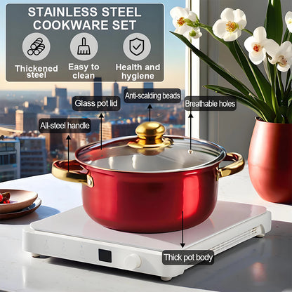 Red 12-Piece, Stainless Steel, Non-Stick, Kitchen Cookware