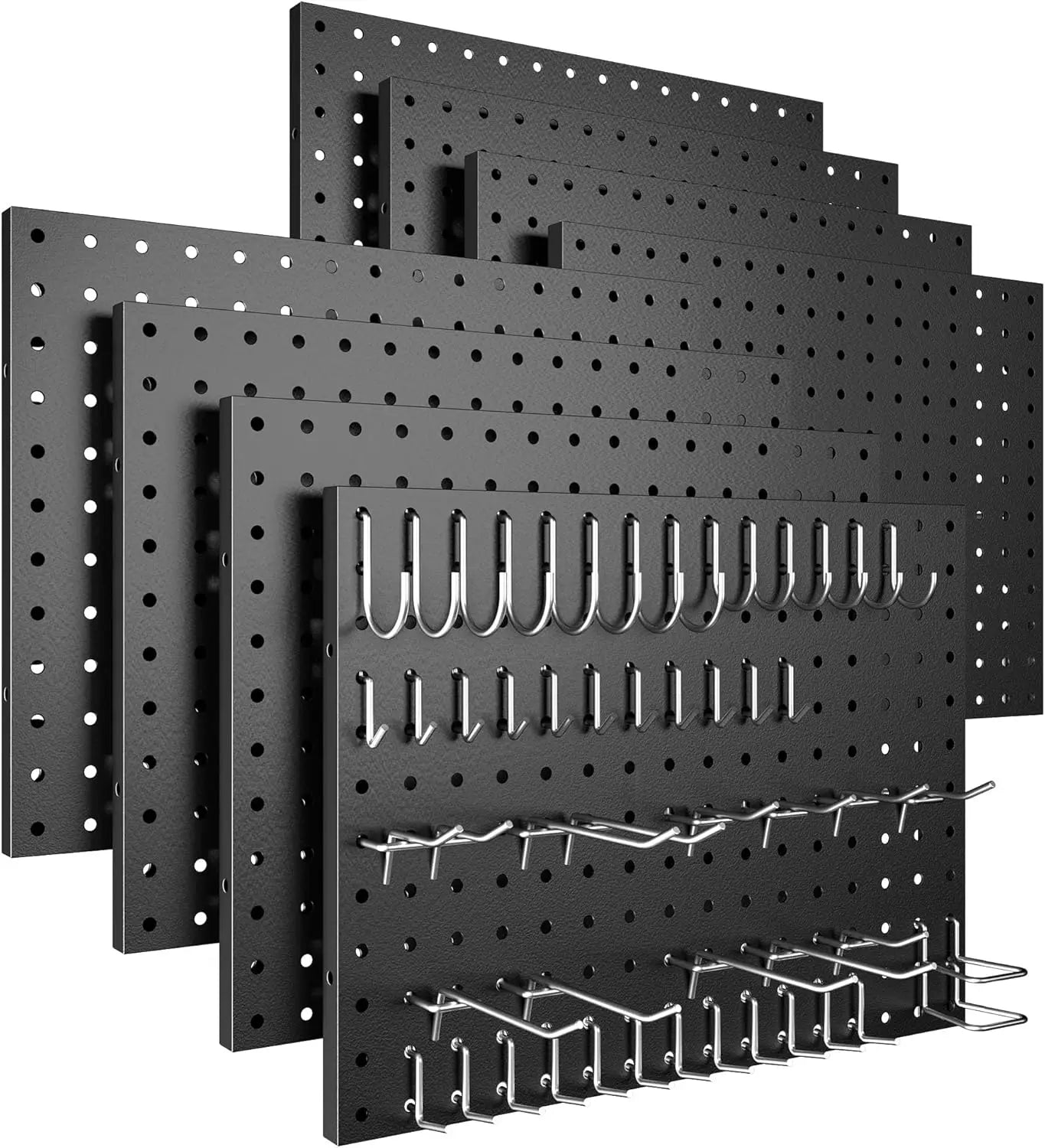 8-Pack Black Metal Pegboard Panels w/50 Hooks, Heavy Duty