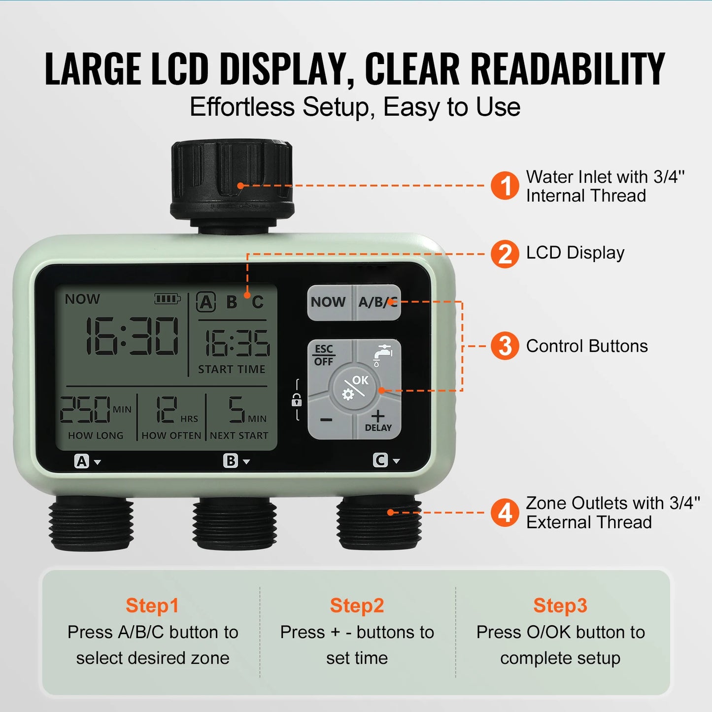 3 Outlets Hose-3 Independent Watering Zones- Watering Sprinkler Timer