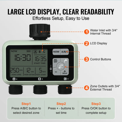 3 Outlets Hose-3 Independent Watering Zones- Watering Sprinkler Timer