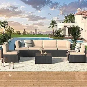 7 Piece Outdoor Patio Furniture Set, PE Rattan Outdoor Wicker Sectional Furniture