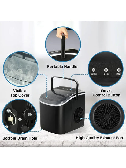 Ice Maker for Countertop, 6 Mins 9 Ice Cubes, 26lbs Ice/24H, Self-Cleaning,
