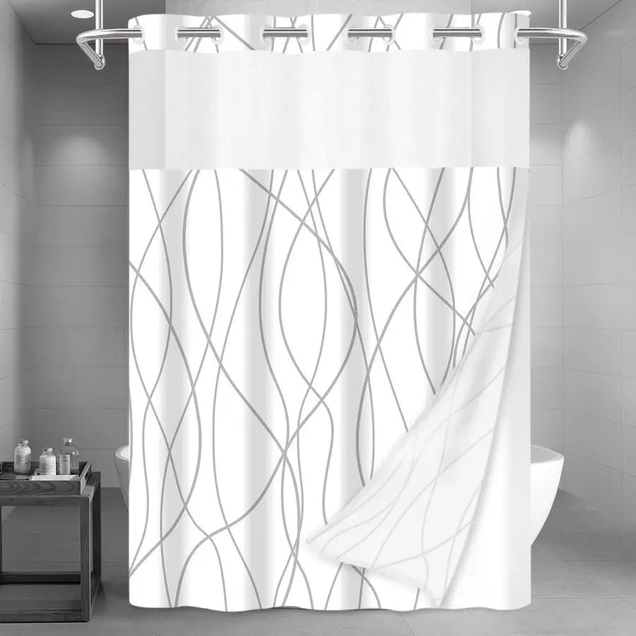 Hook Grey/White Striped Long Shower Curtain with Snap in Liner Set