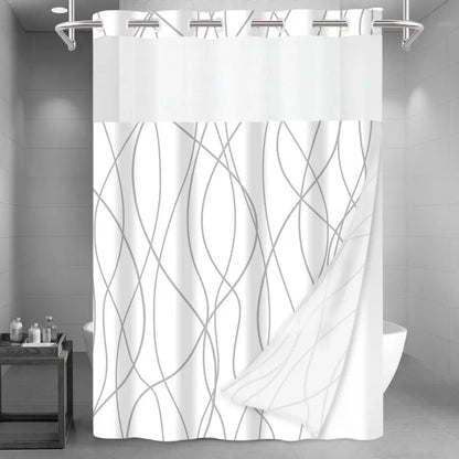 Hook Grey/White Striped Long Shower Curtain with Snap in Liner Set