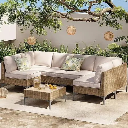 7-Piece Patio Furniture Set, Outdoor Wicker Sectional Sofa with Coffee Table